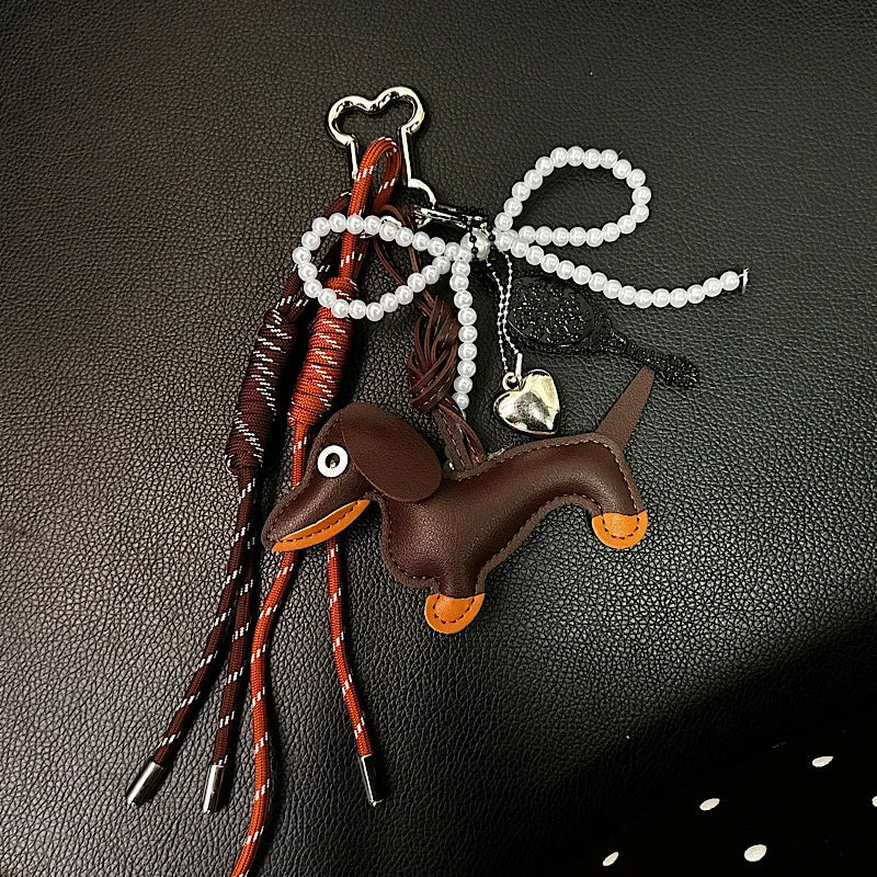 Dachshund Leather Bag Charm Keychain with Tassel & Pearl Bow