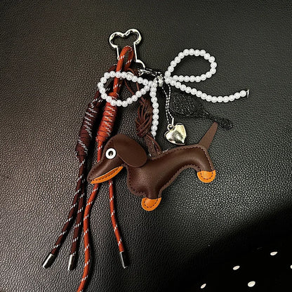 Dachshund Leather Bag Charm Keychain with Tassel & Pearl Bow