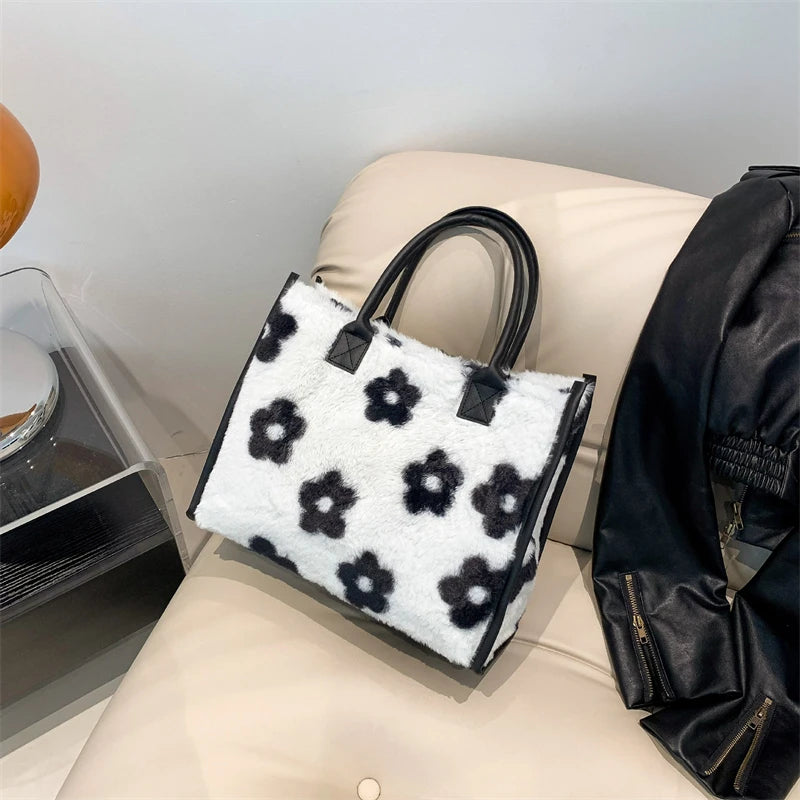 Faux Fur Leopard Print Tote Bag for Women – Soft Shopper Handbag