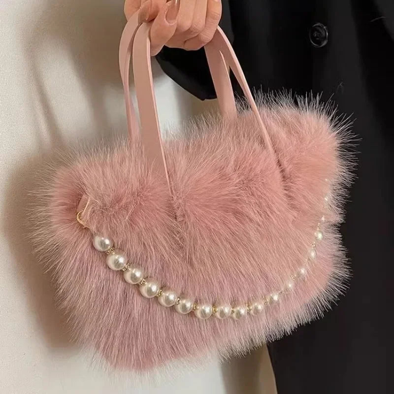 Faux Fur Crossbody Bag with Pearl Chain – Women's Winter Shoulder Handbag