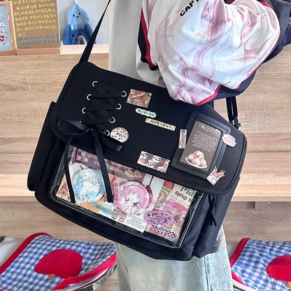 Canvas Crossbody Bag Kawaii Lace-Up Flap Shoulder Bag with Card Display