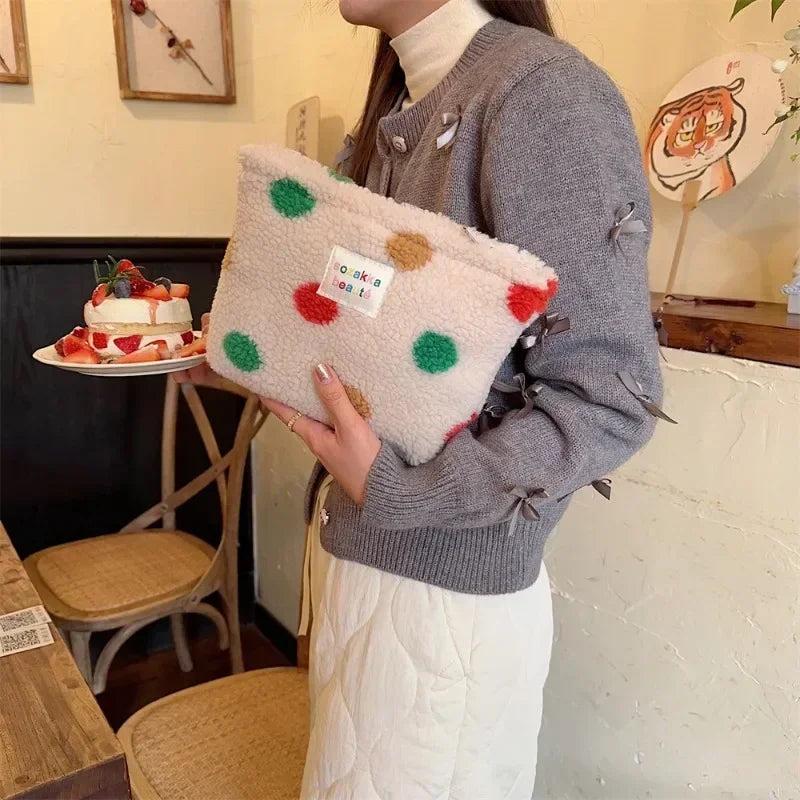 Colorful Dot Plush Makeup Bag – Large Capacity Cosmetic Pouch