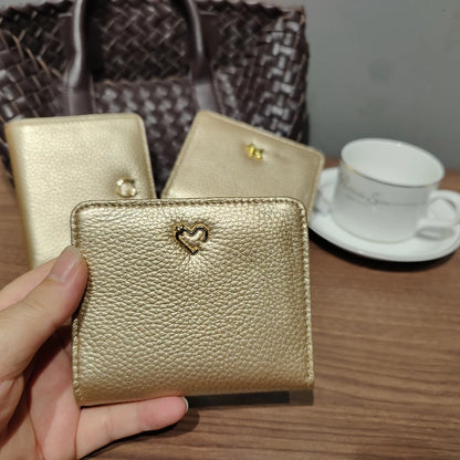 Gold Genuine Leather Women's Short Wallet with Animal Button Clasp