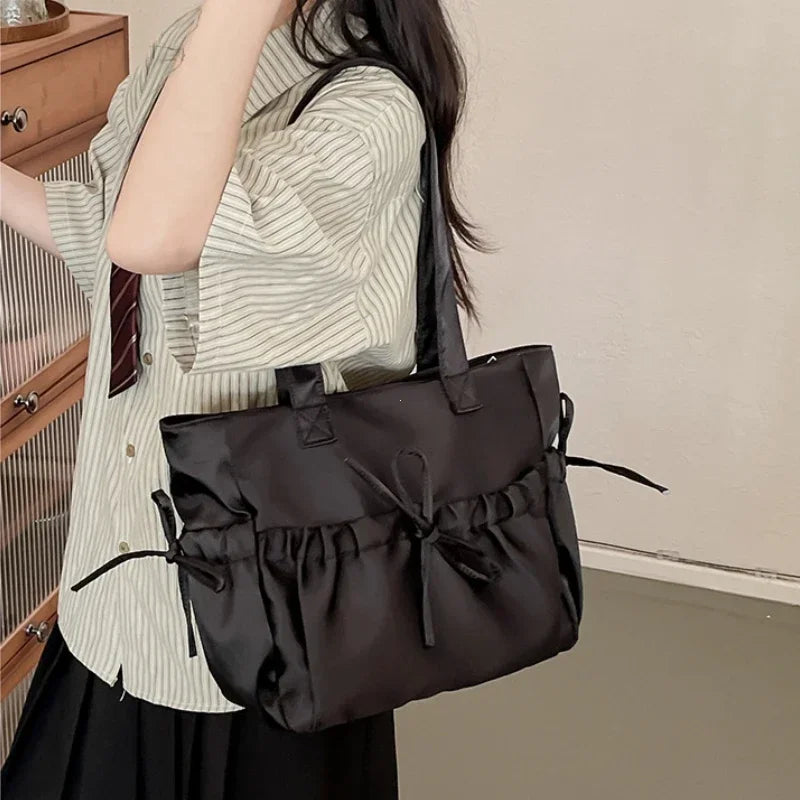 Bow Pleated Tote Bag for Women – Large Nylon Shoulder Bag