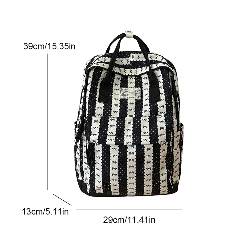 Cute Bow Print Striped Backpack – Lightweight School Bag for Women