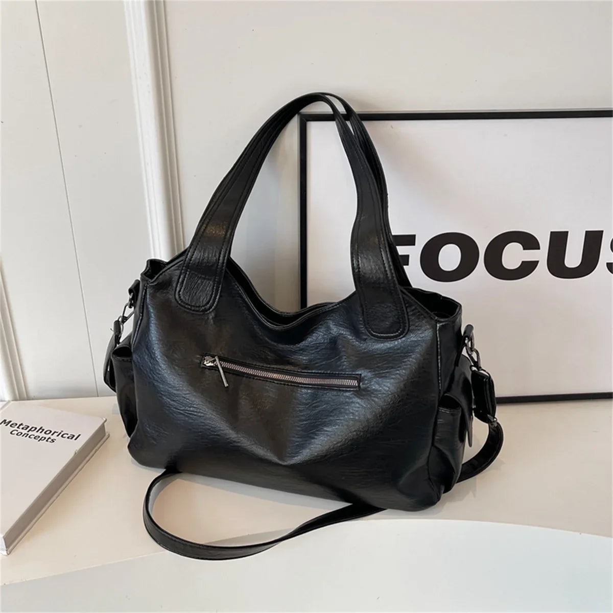 Women's Vintage Leather Tote Bag – Large Capacity Multi-Pocket Shoulder Bag