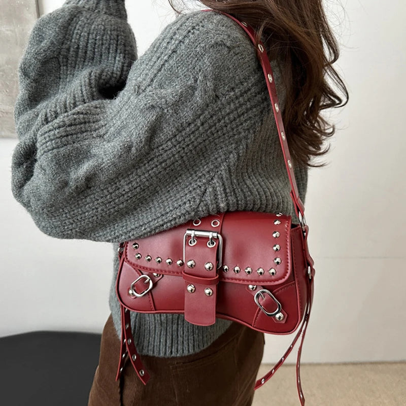 Women's Punk Rivet Shoulder Bag – Edgy Armpit Purse with Buckle