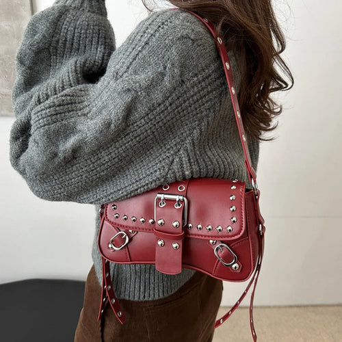 Women's Punk Rivet Shoulder Bag – Edgy Armpit Purse with Buckle