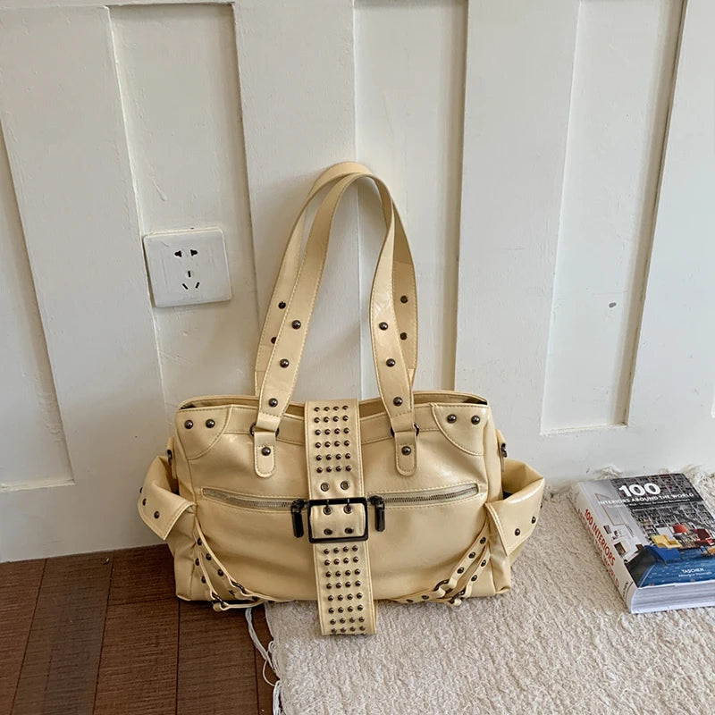 Punk Rivet Shoulder Bag – Y2K Retro Multi-Pocket Underarm Handbag