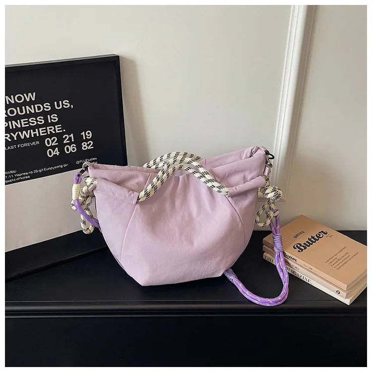 Trendy Shoulder Bags Women Oxford Fabric Drawstring Foldable Crossbody Bag Minimalist Design Casual