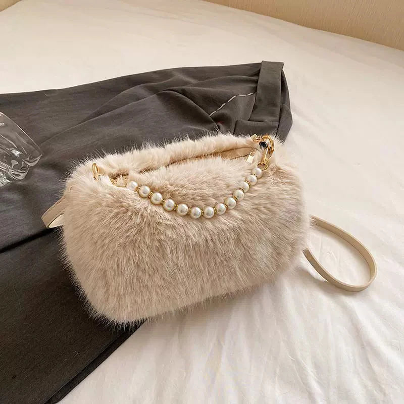 Plush Faux Fur Crossbody Bag with Pearl Chain Strap