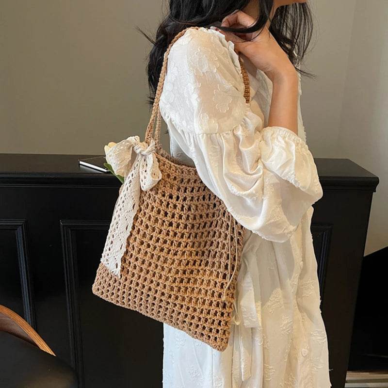 Crochet Tote Bag with Lace Bow – Large Boho Beach Bag