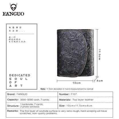 Genuine Leather Short Wallet – Floral Embossed Bifold Card Holder