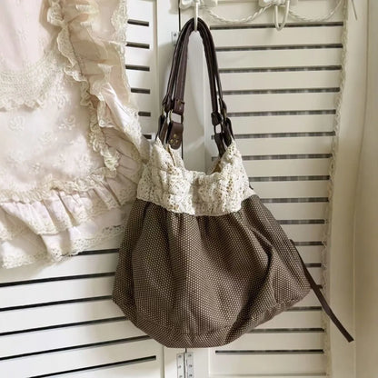 Lace Tote Bag Women's Retro Polka Dot Shoulder Bag