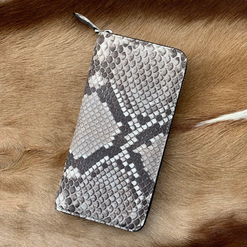 Python Skin Leather Long Wallet – Zipper Clutch with Multi-Card Slots