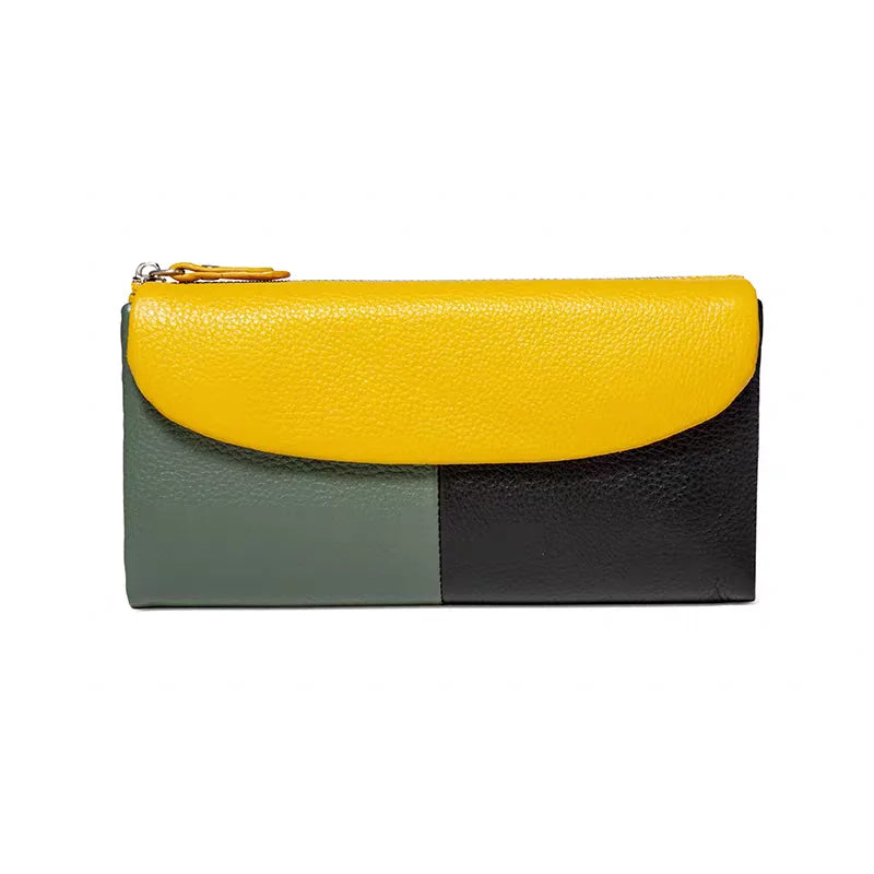 Genuine Leather Tri-Fold Long Wallet for Women – Patchwork Color-Block Purse