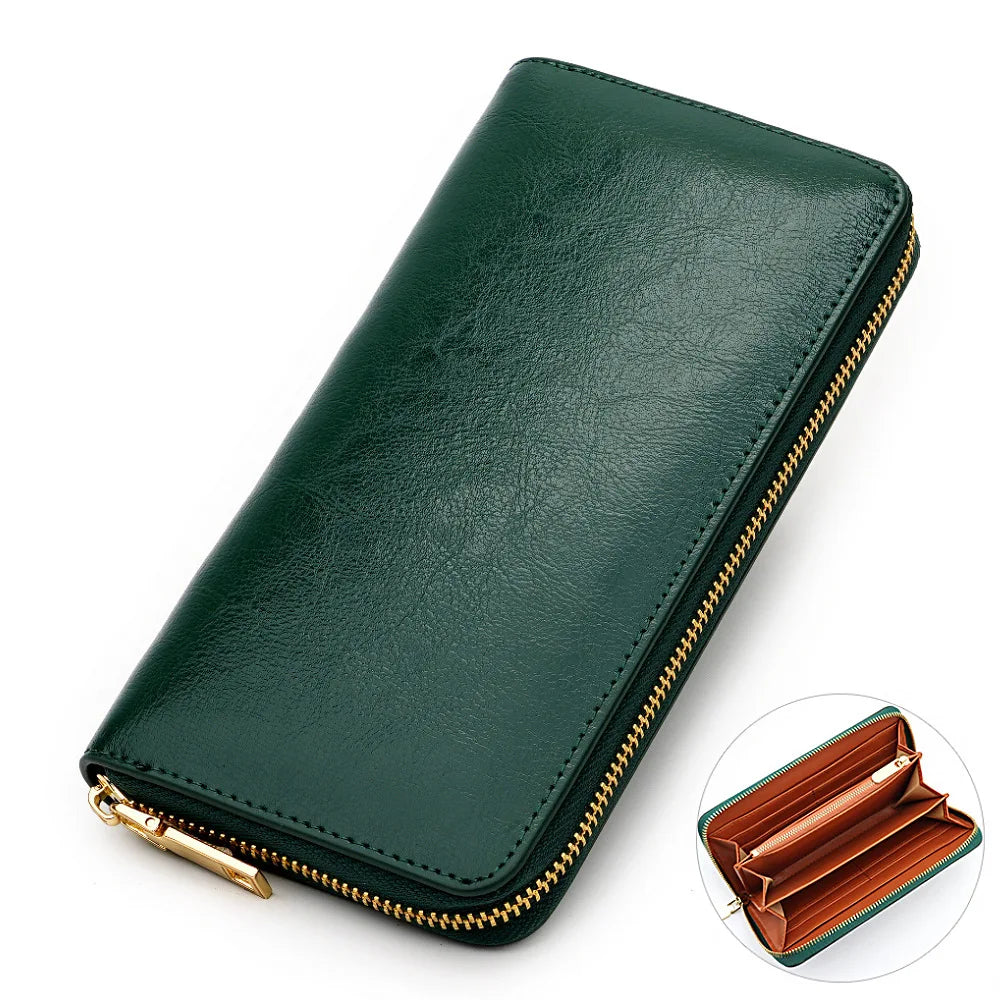 Women's Waxed Cowhide Long Zip-Around Clutch Wallet