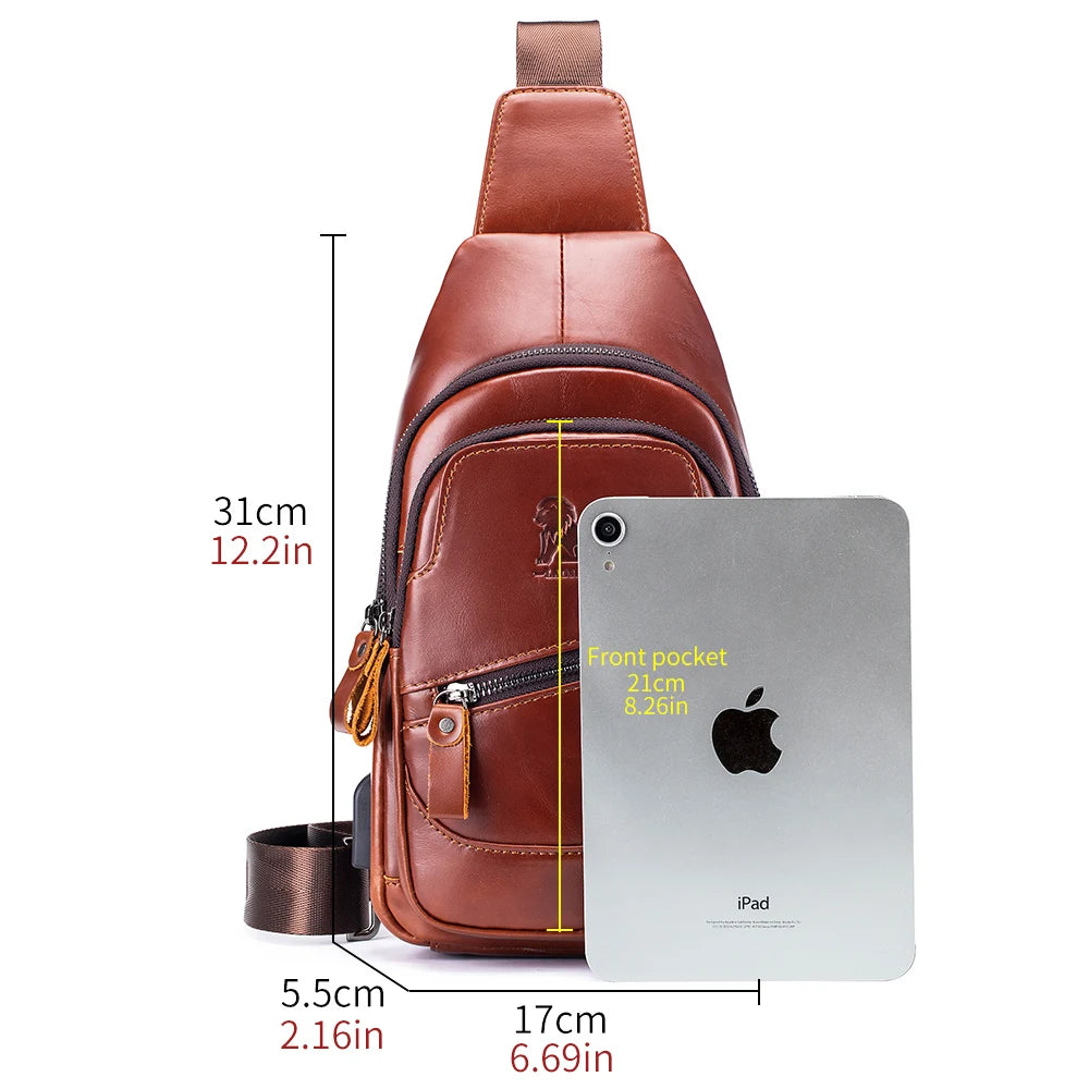 Men's Leather Chest Bag – Casual Crossbody Sling Bag with USB Port