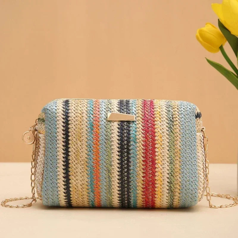 Straw Woven Crossbody Bag Women Summer Beach Chain Shoulder Purse