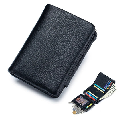 Genuine Cowhide Leather Trifold Wallet with Zipper Coin Pocket