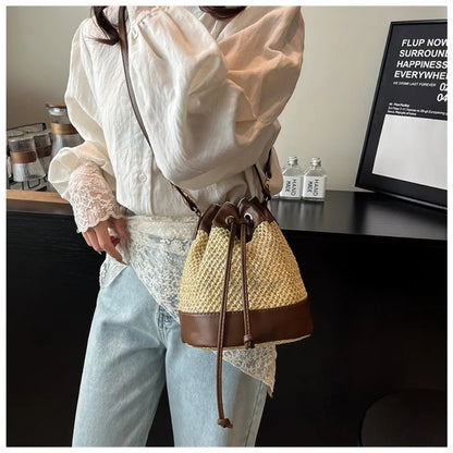 Woven Straw Bucket Bag – Women's Drawstring Crossbody