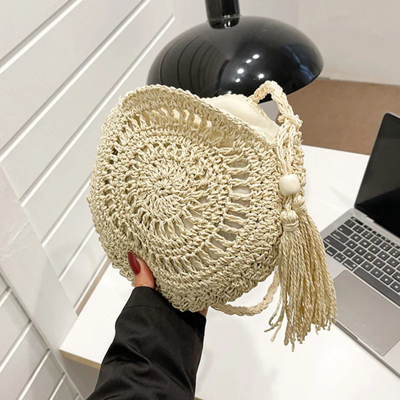 Round Straw Crossbody Bag with Tassel – Hollow Woven Purse