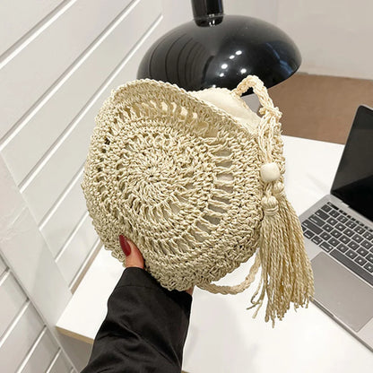 Round Straw Crossbody Bag with Tassel – Hollow Woven Purse