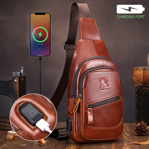 Men's Leather Chest Bag – Casual Crossbody Sling Bag with USB Port