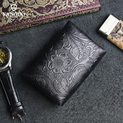 Genuine Leather Card Holder Wallet with Floral Embossing & Twist Lock