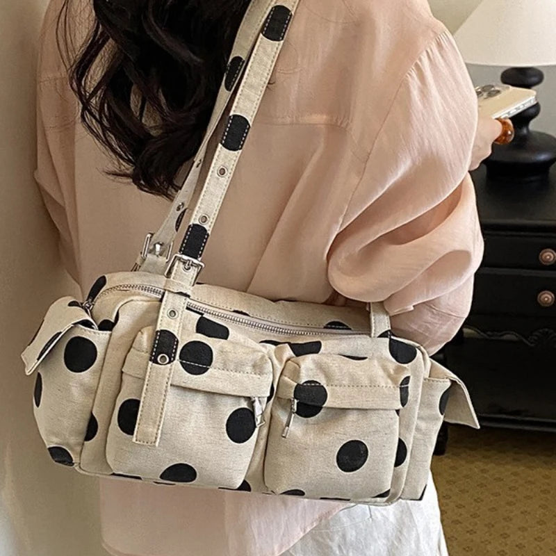 Polka Dot Canvas Shoulder Bag – Multi-Pocket Large Capacity Boston Handbag