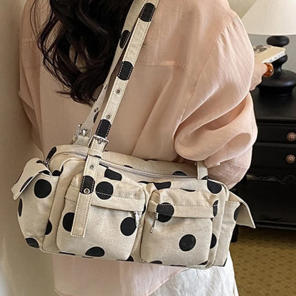 Polka Dot Canvas Shoulder Bag – Multi-Pocket Large Capacity Boston Handbag