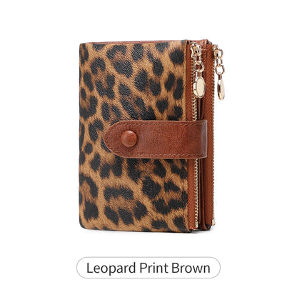 Leopard Print Women's Wallet – Triple Layer Card Holder & Double Zipper Coin Purse