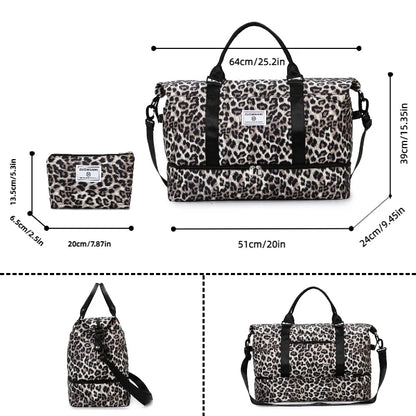 Leopard Print Duffle Bag Set – Travel Bag with Cosmetic Pouch
