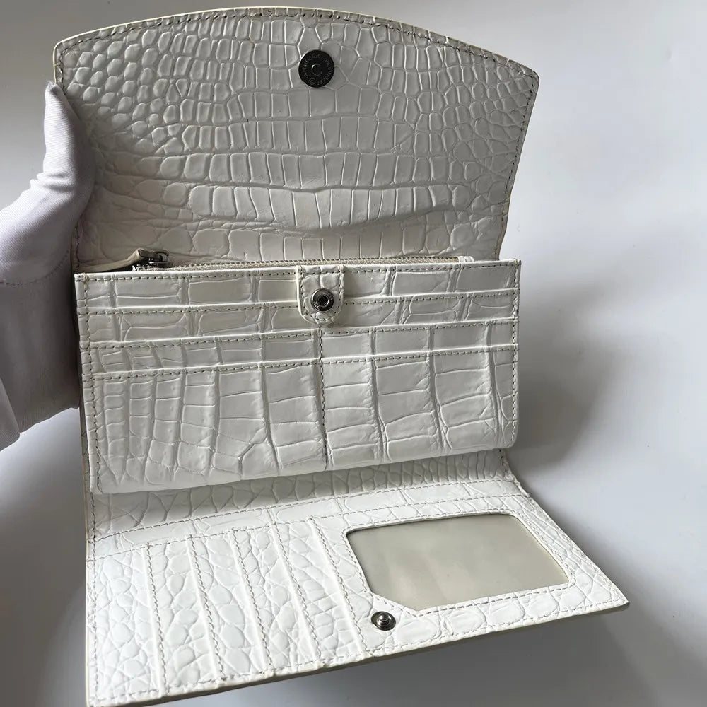 Crocodile Leather Women's Long Tri-Fold Wallet | White Luxury Clutch