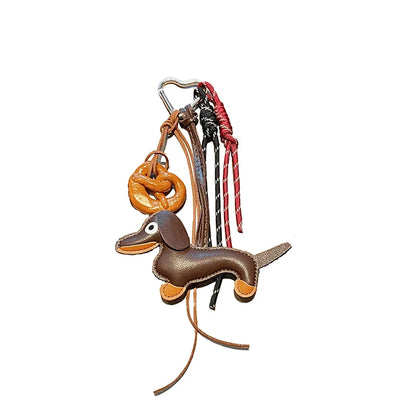 Dachshund Leather Keychain Bag Charm with Braided Rope