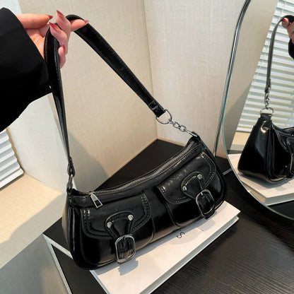 Women's Retro Leather Shoulder Bag with Buckle Detail