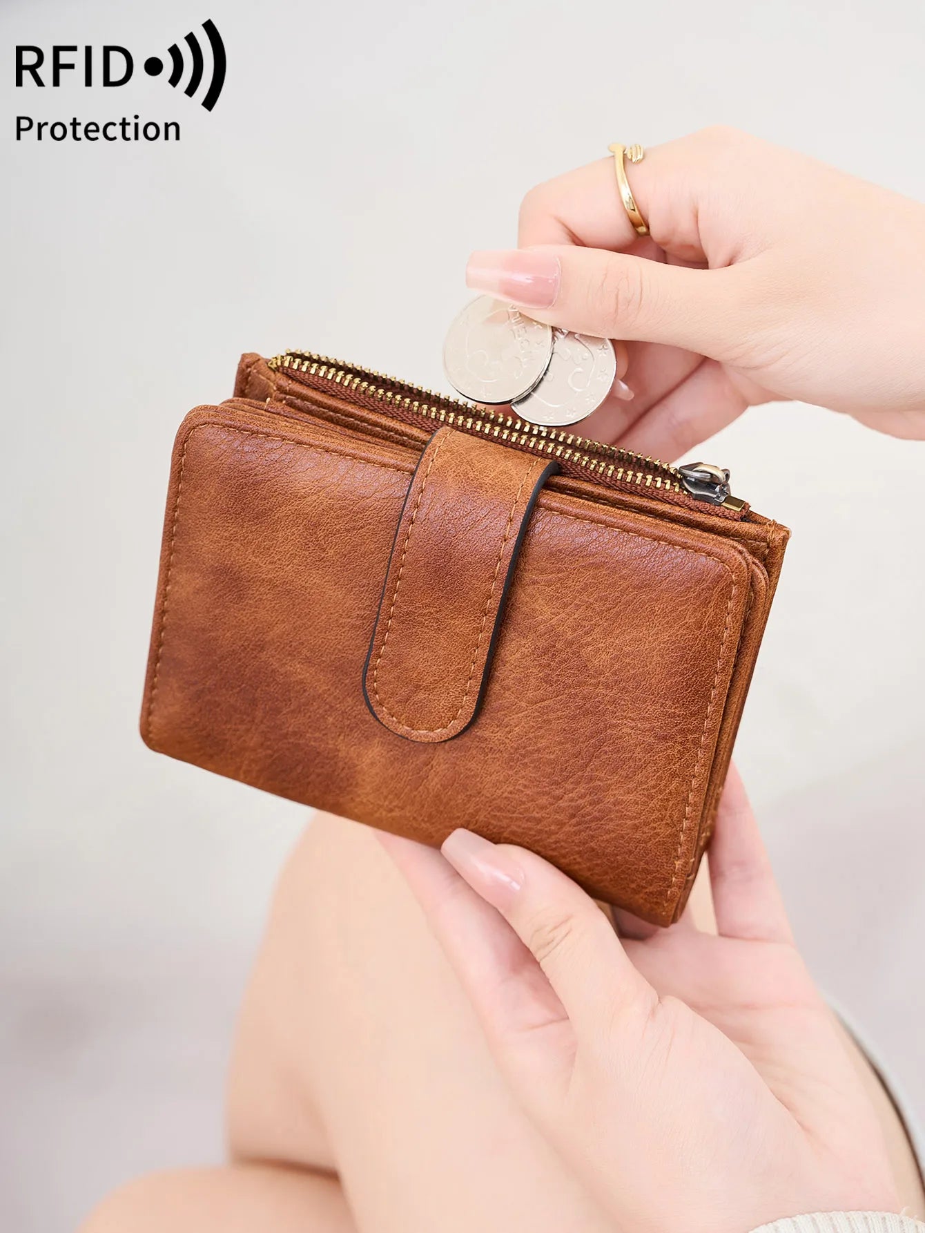 RFID Anti-Theft Women's Wallet – Retro Trifold Coin Purse with Zipper Closure