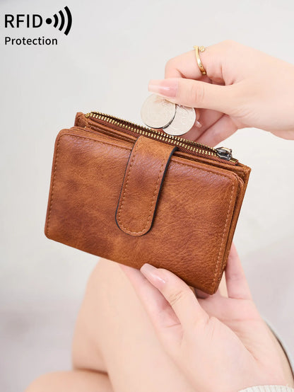RFID Anti-Theft Women's Wallet – Retro Trifold Coin Purse with Zipper Closure