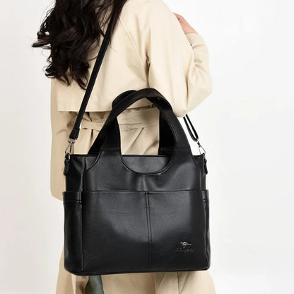 Large Leather Tote Bag – 3 Compartments, Dual Pockets, Shoulder & Crossbody