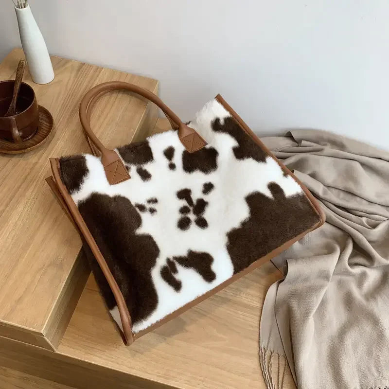 Fluffy Cow Print Tote Bag – Women's Plush Furry Handbag for Winter