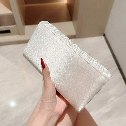 Satin Evening Clutch Bag for Women – Pleated Rhinestone Wedding Purse