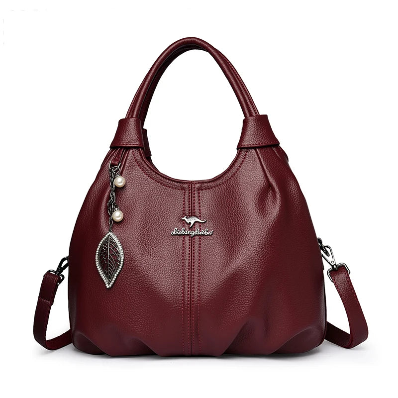 Lychee Leather Hobo Handbag – 3-Layer Shoulder & Crossbody Bag with Leaf Pendant