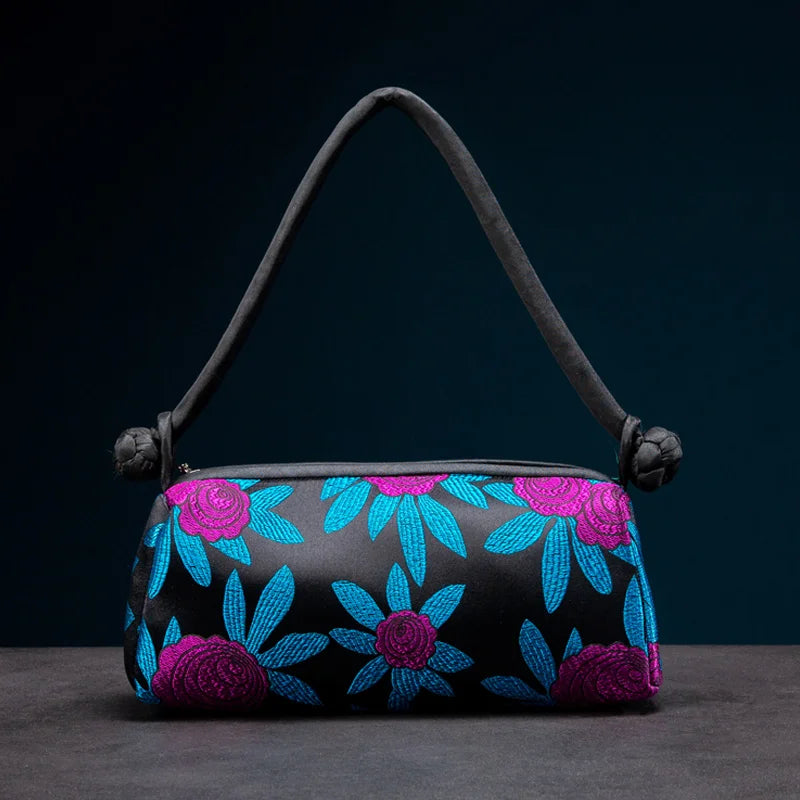 Silk Embroidered Shoulder Bag – Floral Satin Handbag