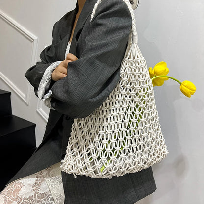 Boho Woven Tote Bag – Handmade Hollow Knit Beach Handbag