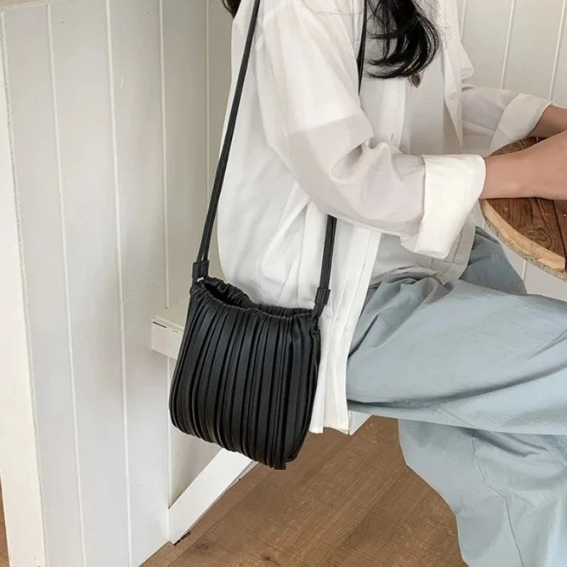 Pleated PU Leather Crossbody Bag – Mini Bucket Shoulder Bag for Women