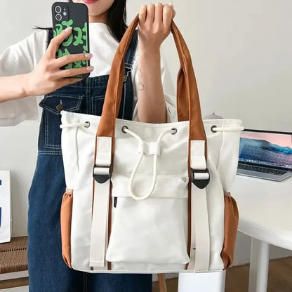 Large Waterproof Nylon Tote Bag – Multi-Pocket Drawstring Shoulder Bag for Women