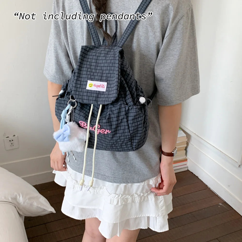 Mini Drawstring Backpack – Plaid Embroidery Casual Daypack