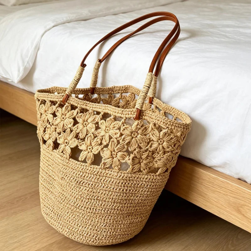 Raffia Crochet Tote Bag – Bohemian Woven Beach Shoulder Bag