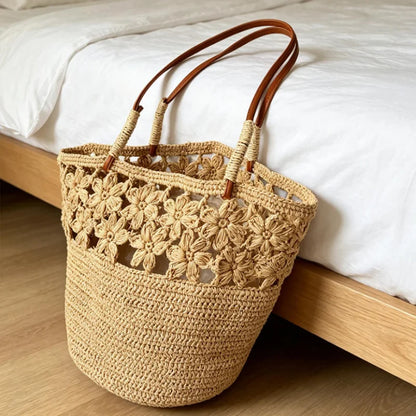 Raffia Crochet Tote Bag – Bohemian Woven Beach Shoulder Bag