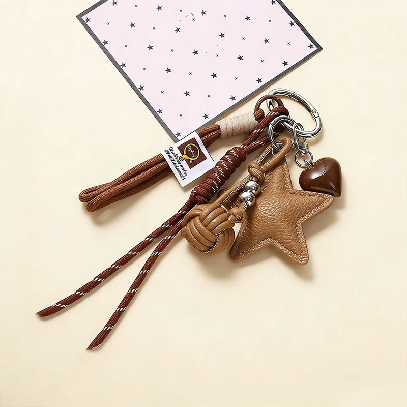 Star Leather Keychain Bag Charm – Cute Heart Pendant with Braided Tassel